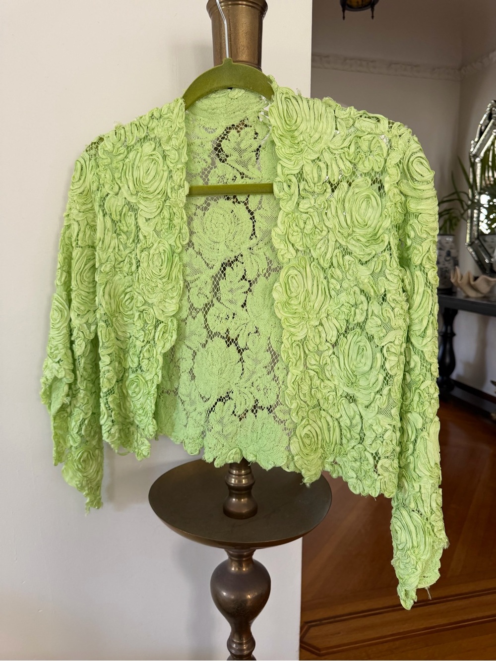 Vintage Lime Green Rosette Lace Open-Front Jacket